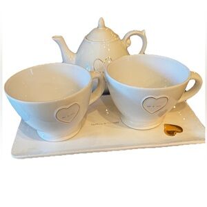 Arlington Designs “Mr & Mrs” Tea Set. White Porcelain with Gold Accents 4 pieces